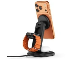 Satechi 3-in-1 Qi2 25W Foldable Charging Stand - składana kroviklis bezprzewodowa Qi2 25W do trzech urządzeń, kabelis oraz adaptery US/CAN/EU/UK w zestawie (space juodas)