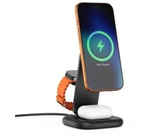 Satechi 3-in-1 Qi2 25W Foldable Charging Stand - składana kroviklis bezprzewodowa Qi2 25W do trzech urządzeń, kabelis oraz adaptery US/CAN/EU/UK w zestawie (space juodas)