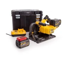 Akumuliatorinis diskinis pjūklas „DeWalt FlexVolt DCS520T2R“, 54 V, su 2 × 6,0 Ah akumuliatoriais, įkrovikliu ir 1,5 m kreipiančiąja liniuote