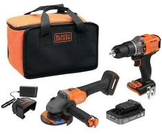 Black &amp; Decker Rinkinys COMBO: Suktuvas - gręžtuvas smūginis + kampinis šlifuoklis 115 mm 18 V , 2,5 Ah, Juodas &amp; Decker [BCK24E1SB-QW] + bidon Dovana
