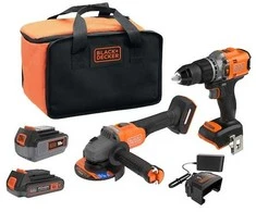 Black &amp; Decker Rinkinys COMBO: wiertarko-wkrętarka smūginis 18 V + kampinis šlifuoklis 115 mm 18 V , 2 Ah i 4 Ah, Juodas &amp; Decker [BCK24D1M1SB-QW] + bidon Dovana