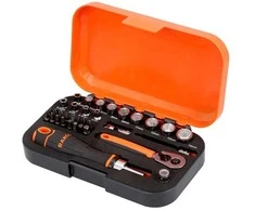 Bahco 1/4" Square Drive Socket and Bit Set with Metric Hex Profile and Ratcheting Bit Holder - 34 Pcs