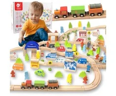 Classic World Didelis medinės traukinių trasos rinkinys su priedais 110 vnt