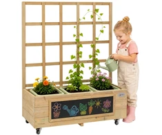 Classic World Wooden Flower Stand on Wheels Garden Cart with Board