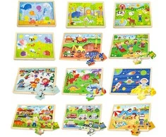 Dėlionė Viga Toys Viga Wooden Puzzle Set 12 puzzles, 24 pieces each, on a stand