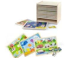 Dėlionė Viga Toys Viga Wooden Puzzle Set 12 puzzles, 24 pieces each, on a stand