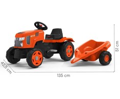 FALK Kubota pedalų traktorius su priekaba ir atidaromu stogu, 2-6 metų vaikams