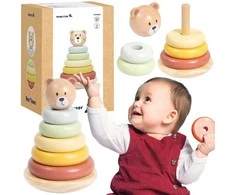 Tooky Toys Medinė sensorinė piramidė su meškiuku Tooky Toy