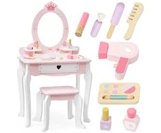 Viga Toys VIGA Medinė Tualetė su Veidrodžiu ir Kėdute Balti-Rožiniai