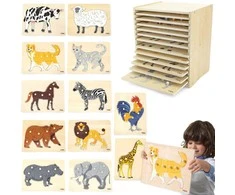 Dėlionė Viga Toys Viga medinis galvosūkių komplektas 12 galvosūkių gyvūnai Montessori + Stendas