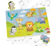 Viga Toys VIGA Medinis Puslapių Dėlionė Su Garsais Ekzotiniai Gyvūnai