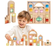 Viga Toys VIGA medinės konstruktoriaus kaladėlės su spalvotais langeliais 32 vnt.