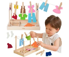 Viga Toys VIGA Wooden Laundry Set Clothes Dryer Clothes Pegs Montessori 27 pcs