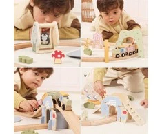 Viga Toys Medinis traukinys vaikams su bėgiais 62 dalių rinkinys