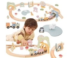 Viga Toys Medinis traukinys vaikams su bėgiais 62 dalių rinkinys