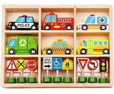 Woopie Žalias Medinės Transporto Priemonės ir Kelių Ženklų Rinkinys