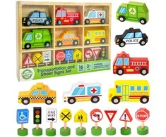 Woopie Žalias Medinės Transporto Priemonės ir Kelių Ženklų Rinkinys