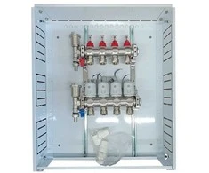 Hismart Grindinio šildymo kolektorius 4 kontūrų su terminėmis pavaromis NC AC230V ir debitomačiais
