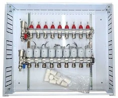 Hismart Grindinio šildymo kolektorius 9 kontūrų su terminėmis pavaromis NC AC230V ir debitomačiais