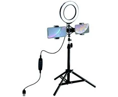 Puluz LED žiedinė lempa 16cm, su trikoju stovu iki 70cm ir dvigubu telefono laikikliu, USB
