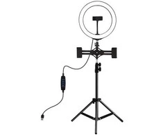 Puluz LED žiedinė lempa 26cm, su trikoju stovu iki 1.1m ir 3 telefono laikikliais, USB