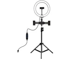Puluz LED žiedinė lempa 26cm, su trikoju stovu iki 1.1m ir 3 telefono laikikliais, USB