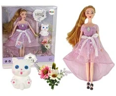 Lean Toys Lėlė Emily su ilgesniais plaukais ir baltu katinu