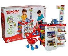 Lean Toys Žaislinė parduotuvė su pirkinių vežimėliu ir kasa, 24 elementai