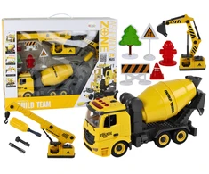 Žaislinis betono maišyklės sunkvežimis su priedais Lean Toys, geltonas, 11 d.