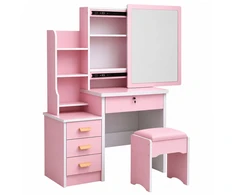 Lean Cosmetic Dressing Table with Mirror, Drawers, Shelves, Stool, Rožinė 130x80x36 cm