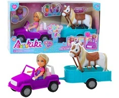 Lean Toys Lėlės rinkinys su automobiliu, priekaba ir arkliu