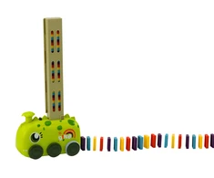 Lean Toys Žalias baterijomis veikiantis dinozaurų automobilis su domino kaladėlėmis