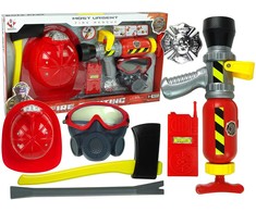 Lean Toys Ugniagesio rinkinys vaikams – gesintuvas, šalmas, kaukė ir priedai (raudonas)