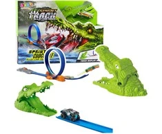 Lean Toys Automobilių trasa su katapultu ir krokodilu