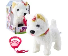 Lean Toys Interaktyvus pliušinis šuo su pavadėliu, baltas