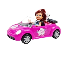 Lean Toys Lėlė rožiniame konvertuojamame automobilyje su šuniuku