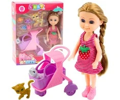 Lean Toys Lėlė su priedais ir vežimėliu, 14 cm