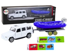 Lean Toys Baltas visureigis su priekaba ir motorine valtimi vaikams