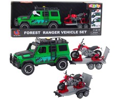 Lean Toys Bekelės automobilio rinkinys su priekaba ir motociklu, šviesos ir garsai, žalias