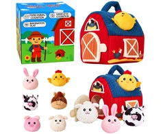 Lean Toys Pliušinė ferma su gyvūnais kūdikiams, sensorinis tvartas, 6 gyvūnai