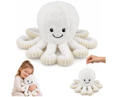 Lean Toys Pliušinis aštuonkojis su elastingais čiuptuvais, baltas su kreminėmis detalėmis, 50 × 30 × 30 cm