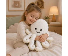Lean Toys Pliušinis aštuonkojis su elastingais čiuptuvais, baltas su kreminėmis detalėmis, 50 × 30 × 30 cm