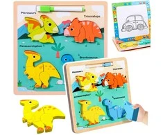 Lean Toys Medinė edukacinė dėlionė su dinozaurais ir piešimo lenta
