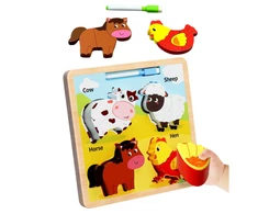 Lean Toys Medinis edukacinis dėlionės stovas su gyvūnais ir piešimo lenta