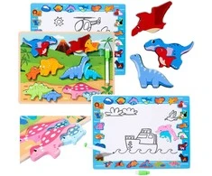Lean Toys Medinė edukacinė dėlionė su dinozaurais ir piešimo lenta, 30 x 22.5 cm