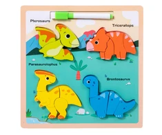 Lean Toys Medinė edukacinė dėlionė su dinozaurais ir piešimo lenta