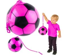 Lean Toys Rožinis guminis kamuolys su futbolo dizainu ir rankena 22 cm