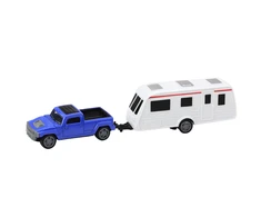Lean Toys Mėlynas automobilio ir kemperio priekabos metalinis rinkinys