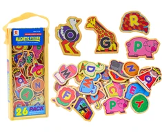 Lean Toys Medinių magnetų rinkinys su raidėmis ir paveikslėliais, 26 vnt.