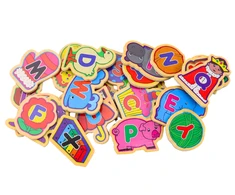 Lean Toys Medinių magnetų rinkinys su raidėmis ir paveikslėliais, 26 vnt.